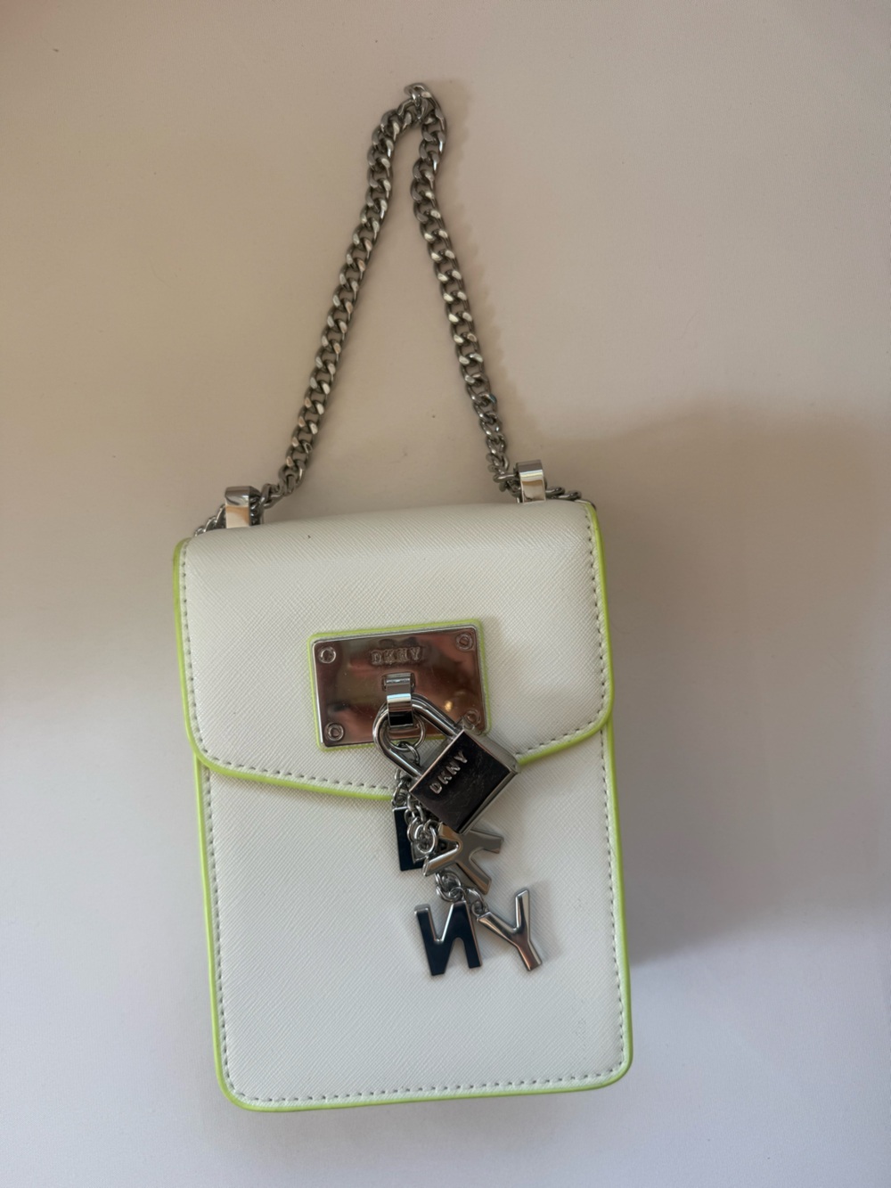 DKNY White Phone Crossbody with Neon Yellow Trim and Silver Chain